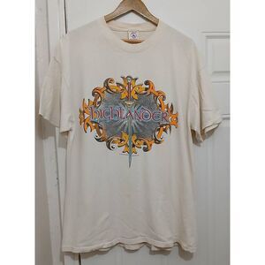 Vintage highlander xl 1996 davis panzer sword tshirt movie beige yellow cream